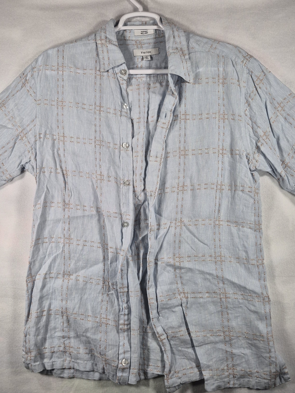 Visitor Men's Light Blue Short Sleeve 100% Linen Woven Plaid Button-Down Shirt